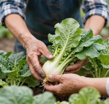 An expert gardener with weathered hands showing a guest how to harvest heirloom vegetables. The composition is a close-up on the produce and hands, emphasizing connection and education. Soft natural lighting with a palette of vibrant botanical greens and cream.