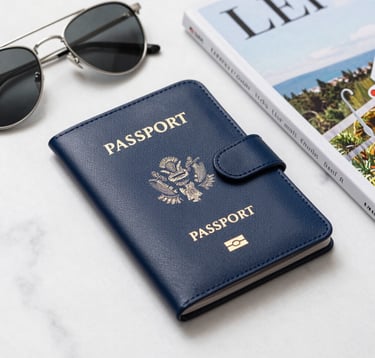Close-up of high-end travel essentials on a white marble surface, including a navy blue leather passport holder, silver designer sunglasses, and a luxury travel magazine. North American / US setting with soft, clean, professional lighting.