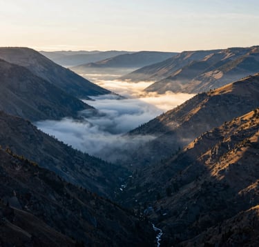 A breathtaking landscape shot of a scenic valley in North America during the golden hour. The composition is expansive, showing mist settled between hills, captured in a modern, inspiring style with soft blue and white highlights.