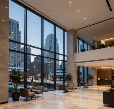 A wide shot of a modern, minimalist hotel lobby with floor-to-ceiling glass walls showing a North American cityscape at dusk, soft interior lighting, professional and inviting atmosphere, luxury travel style.