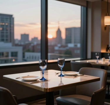 A refined interior shot of a modern restaurant in a US city. Table for two with elegant white porcelain and blue glassware. The background is a soft-focus urban sunset through large windows, creating a professional and trustworthy atmosphere.
