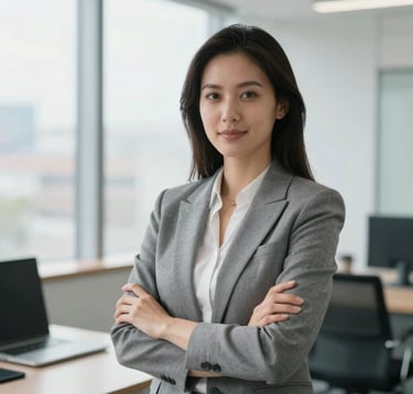 A professional headshot of a female travel consultant in a bright, modern executive office with large windows. She exudes confidence and trustworthiness, styled in modern North American business attire. Soft, high-key lighting.