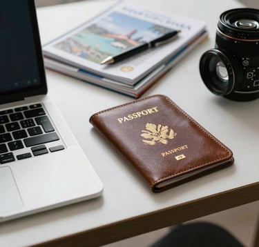 Close-up photography of a professional travel planner's workspace, featuring a sleek laptop, a leather passport holder, and high-end travel guides, soft office lighting, minimalist and professional North American / US style.