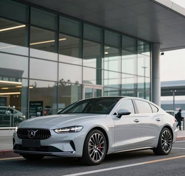 A professionally captured photograph of a luxury car parked outside a modern glass-fronted airport terminal, North American travel context, clean lines, high-end commercial style, soft natural light.