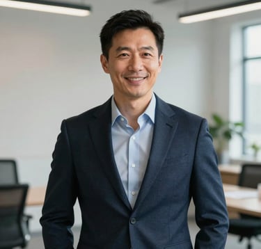 A professional portrait of a male travel expert in his late 30s, wearing a smart blazer, standing in a contemporary office space with soft navy and white decor. He is looking off-camera with a confident, friendly smile. North American context, soft natural light.