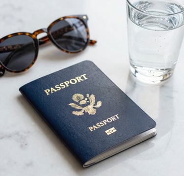 A close-up of high-end travel essentials on a white marble table: a modern passport cover, elegant designer sunglasses, and a glass of sparkling water, North American luxury lifestyle photography, bright and airy lighting.