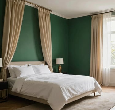 A stunning photograph of a luxury master bedroom. The room features an accent wall in royal dark green, pure white premium linens on a minimal bed frame, and warm sandy beige flowing curtains. The lighting is soft and architectural, highlighting the spacious and rich interior design.
