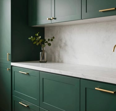 A close-up, high-end photograph of a modular luxury kitchen. Cabinetry is a deep royal dark green with a matte finish, paired with polished metallic gold hardware. The counters are a thick, pure white quartz. A single stem of green foliage in a glass vase adds a touch of organic minimalism.