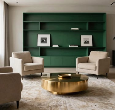 An expansive open-plan living area. The furniture includes a set of beige armchairs and a metallic gold circular coffee table. In the background, a minimalist royal dark green shelving unit displays a few curated art pieces. The lighting is soft and indirect.