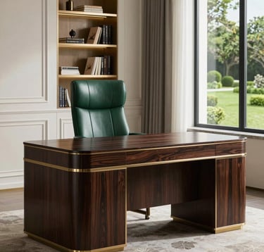 A luxurious home office featuring a dark wood desk with metallic gold trim. A royal dark green leather chair sits behind it. The wall behind features soft white wainscoting and a built-in library shelf. A large window overlooks a manicured green space.