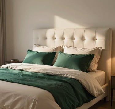 A serene master bedroom with a large upholstered soft white headboard. The bedding is layered with rich beige and royal dark green silks. Soft, warm morning light creates a peaceful, high-end atmosphere.