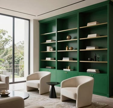 A sophisticated living space featuring bespoke royal dark green shelving, cream-colored designer armchairs, and floor-to-ceiling windows. The composition is clean and architectural, emphasizing modern luxury.