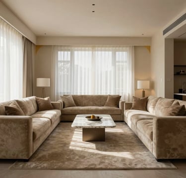 A wide-angle professional shot of a spacious living room designed with a minimal, rich aesthetic. Large beige velvet sofas face each other over a low marble table. The walls are a warm cream with subtle gold accents. Soft sunlight filters through sheer white curtains.