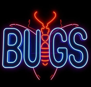 a neon - lit sign that says,'bugs '
