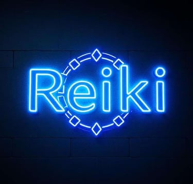 a neon blue neon sign with the word reiki