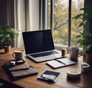 A cozy, sunlit corner with a messy bun hairstyle in progress, surrounded by hair tools and beauty products.