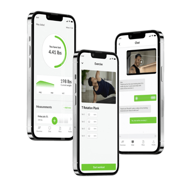 a group of three iphones with a workout app