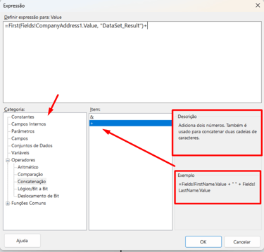 SSRS expression builder window showing string concatenation formula using the plus operator.