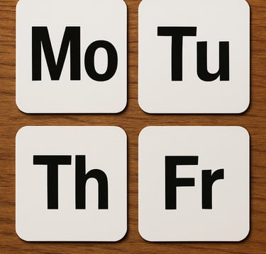 Calendar-style boxes labelled Mo, Tu, Th, Fr to show available lesson days