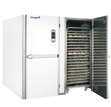 Industrial Hengel dough retarder proofer with open door showing bread trays on a rack.