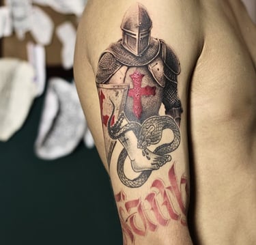Red and black knight tattoo, realism and dotwork style, cross on chest, upper arm.