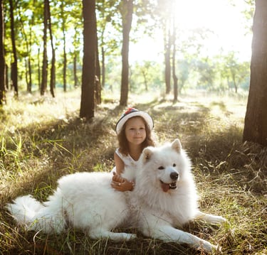 un chien avec une petite fille au milieu de la forêt