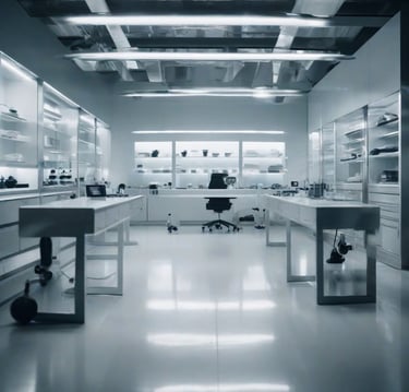 a lab with a lot of glass and a desk