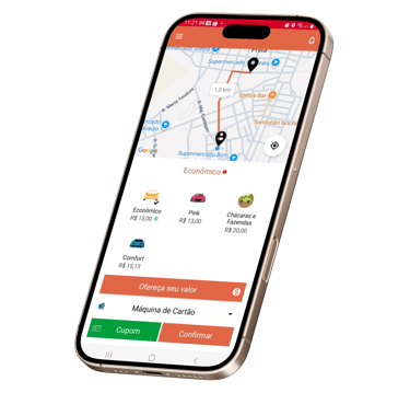 Tela do app APKTEM mostrando mapa de mobilidade urbana e corridas.