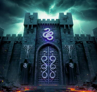 The gates to the Black Citadel with the silver serpent of the warlord Saphira