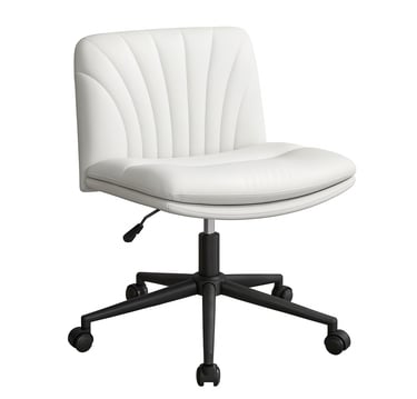 a white office chair with a lined design on the backrest and black wheels, also adjustable
