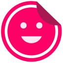 Pink round sticker with a happy smiling face icon and a folded corner effect on a black background.