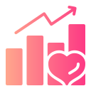 A pink and orange gradient bar chart with an upward growth arrow and a heart icon representing positive social media metrics.