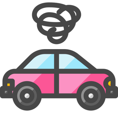 Flat vector icon of a pink car with smoke cloud indicating vehicle emissions or engine trouble.