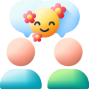 Two people facing each other with a speech bubble showing a happy, smiling emoji with flowers, representing a positive