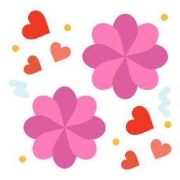 Vibrant pink flowers and red hearts illustration on a black background with festive confetti.