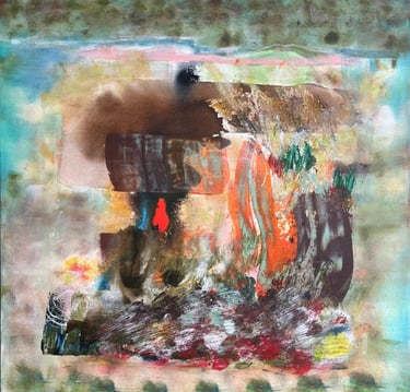 Fireside with Mo — abstract acrylic painting with warm tones, layered texture, and expressive marks