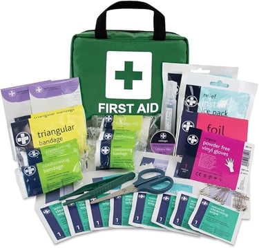 a green bag with scissors and scissors on it
