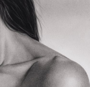 Detalle del cabello y el cuello de la obra de arte original "Bajo Tu Hechizo" de Aria De Zabal