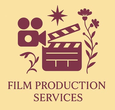 Film production services logo featuring a movie clapperboard, camera, and floral graphics.