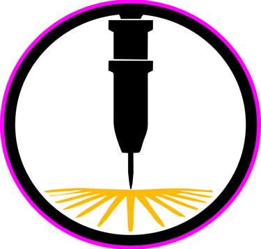 a black and white picture of a drillet with a yellow and pink light gravure laser