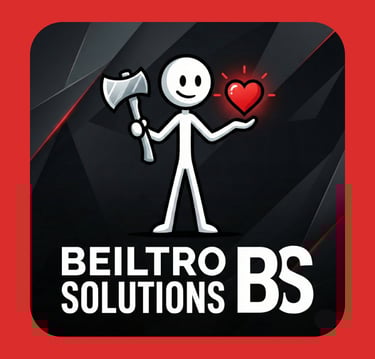 Beiltro Solutions logo featuring a stick figure holding an axe and a glowing heart.