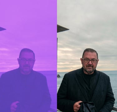 Side-by-side comparison of a man by the sea with a purple color cast filter and a natural edit.