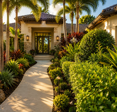 A luxury tropical home entrance with a stone pathway, palm trees, and lush landscaping in Florida.