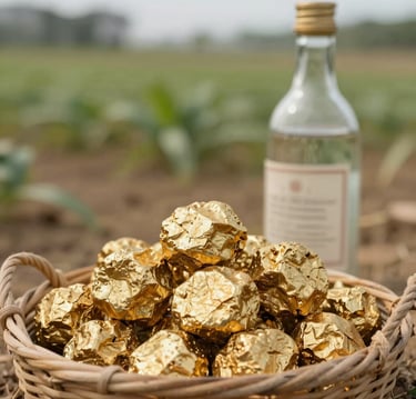 Close-up of a 30-gram gold tin of Ruby's Gold balm nestled among green leaves with soft sunlight filtering through.