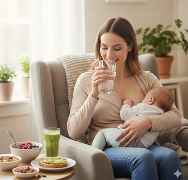 Mother breastfeeding baby in an armchair, with healthy snacks and water on a side table.