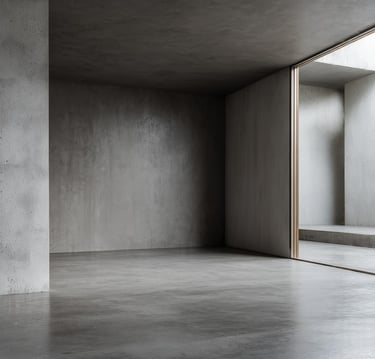 Minimalist and modern interior with polished microcement floors and microcement walls.