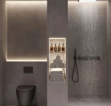 Modern bathroom entirely finished in microcement with a wall-mounted black toilet, walk-in shower wi