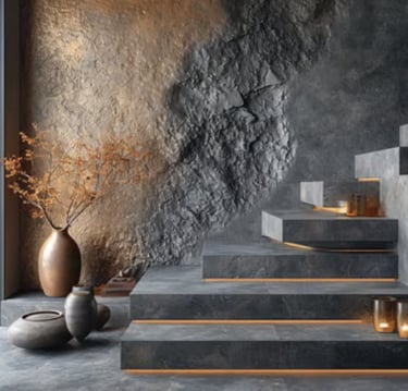 Modern interior design featuring stone steps with integrated LED lighting and textured rock wall.