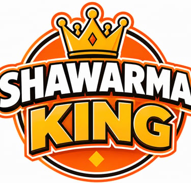 Shawarma King restaurant logo featuring a gold crown and bold orange and white typography.