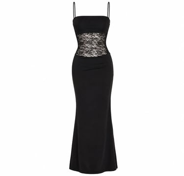 Elegant black lace maxi dress displayed on a clean white background with fitted mermaid silhouette.